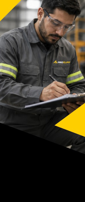 Colaborador con equipo de protección tomando notas