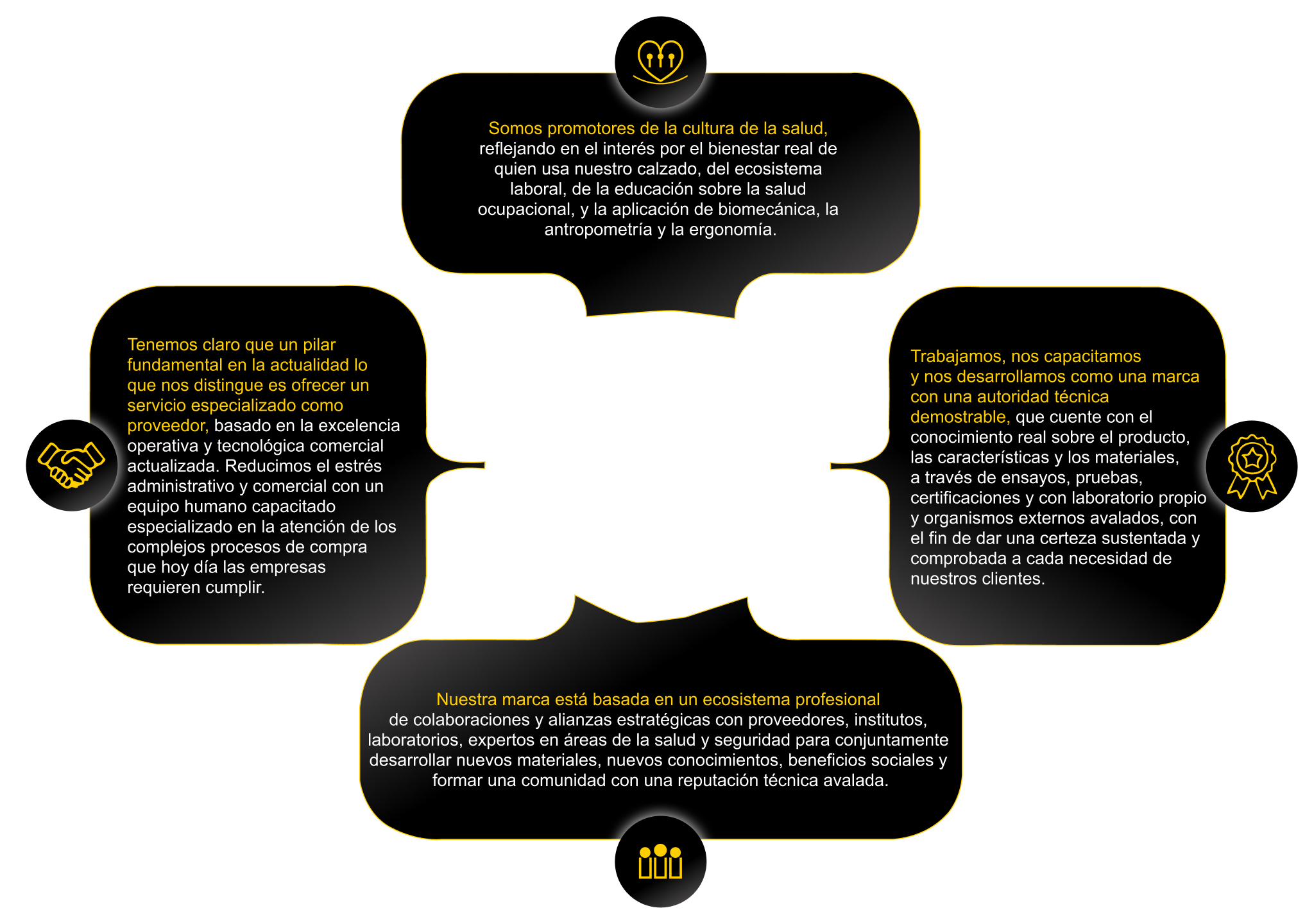 Diagrama ADN de Marca: Cultura de la Salud, Autoridad Técnica, Excelencia Operativa, Ecosistema Profesional
